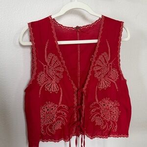 Free People Red Embroidered Tie-Front Crop Top
